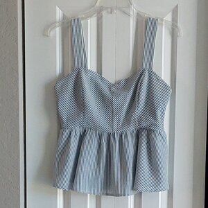 Monteau Los Angeles Blue & White Pin-striped Peplum Tank Top